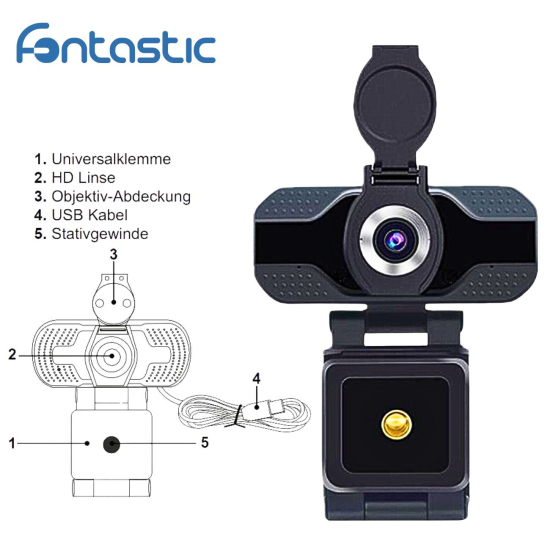 Webcam 1080P Full HD mit eingebautem Mikrofon 2K, USB-A Plug & Play, Objektivabdeckung, schwarz