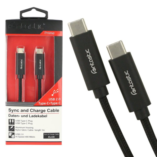 Datenkabel Elox USB Type-C > Type-C 2.0 1m Silber Stecker Alu-Geh&auml;use Kabel Nylon-Ummantelung