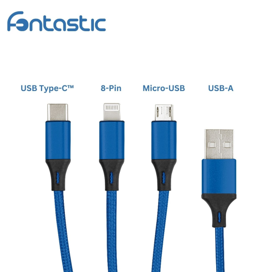 3in1 Essential Ladekabel TypC/8-PIN/Micro USB 1.2M Al-Geh&auml;use, Nylon ummantelt Multi-Charging 2A blau
