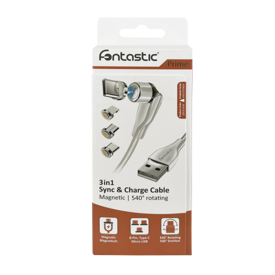 3in1 - Magnet Datenkabel 540Grad Drehbar, wei&szlig; 8-PIN+Typ-C+MIcro USB, Max.3A, 1,2M, IPX5 konform