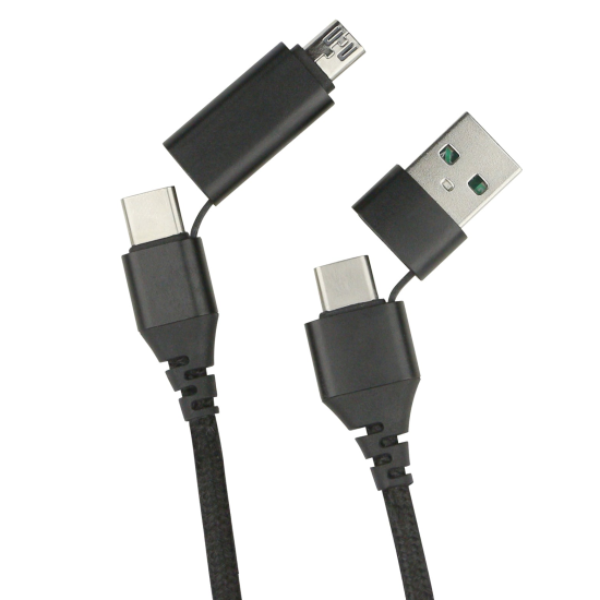 Datenkabel Quattro Type-C - Type C 1.5m + Adapt sw Stecker Alu-Geh&auml;use, Kabel Nylon-Ummantelung, 4in1