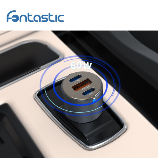 Kfz-Ladeadapter Moc60, Tri-Port max. 3A / 60Watt 2 x Typ-C PD + USB-A FC, Alu-Geh&auml;use, grau