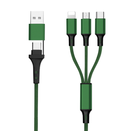 6in1 Ladekabel USB-A/Type-C/8-Pin/Micro USB 1.2m Al-Geh&auml;use, Nylon ummantelt, Multi-Laden 2.4A gr&uuml;n