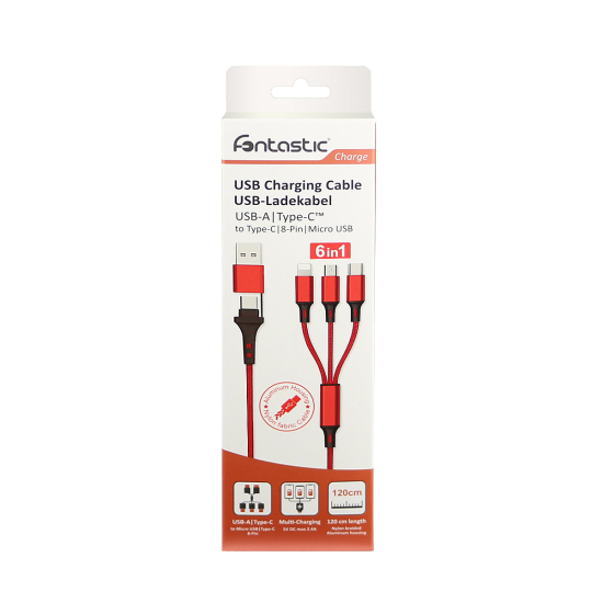 6in1 Ladekabel USB-A/Type-C/8-Pin/Micro USB 1.2m Al-Geh&auml;use, Nylon ummantelt, Multi-Laden 2.4A rot