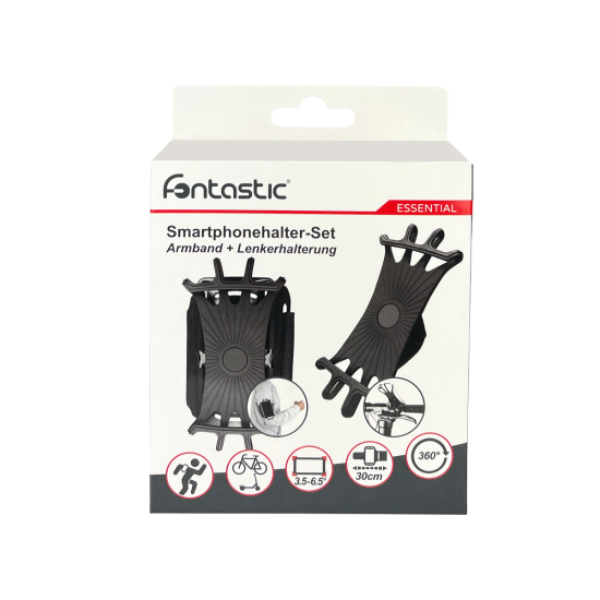 Smartphonehalter Set: Armband + Lenkerhalterung sw Silikon, 360&deg; Drehbar, komp. Handys 4-6,5 inch