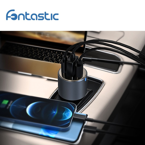 Kfz-Ladeadapter Moc60, Tri-Port max. 3A / 60Watt 2 x Typ-C PD + USB-A FC, Alu-Geh&auml;use, grau