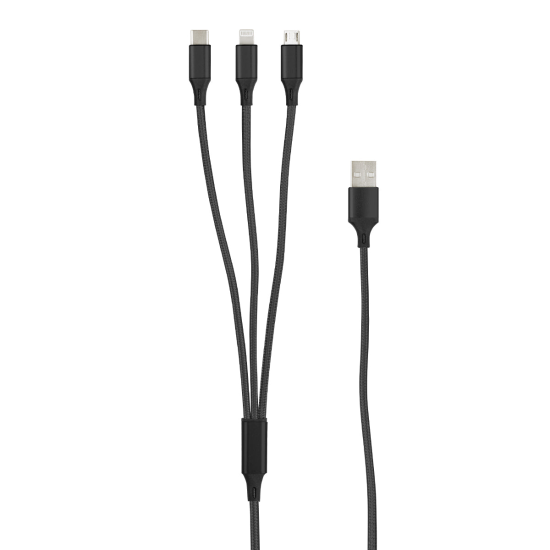 3in1 Essential Ladekabel TypC/8-PIN/Micro USB 1.2M Al-Geh&auml;use, Nylon ummantelt, Multi-Charging 2A sw