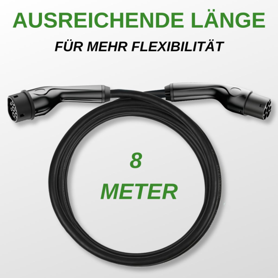 EM2GO  Typ 2 , EV-Verbindungskabel, 16A, 11kW, 8m 3Phasig AC Lader, T&Uuml;V , IP44, Tragetasche, Schw