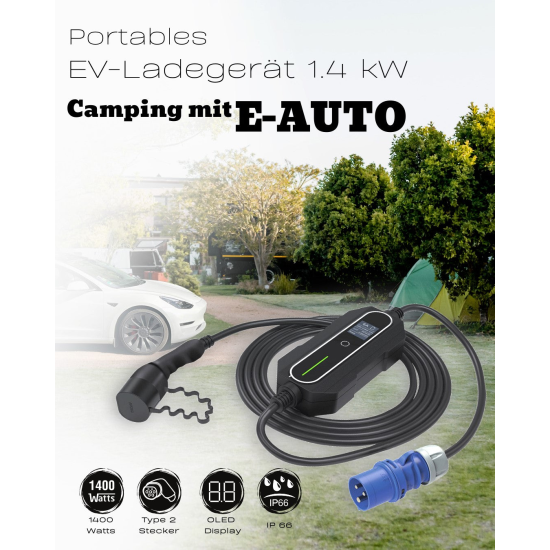 AC Portable Charger, Charge Power Meter, CEE Blau 5m Typ 2 Kabel, Strom: 6A fixiert