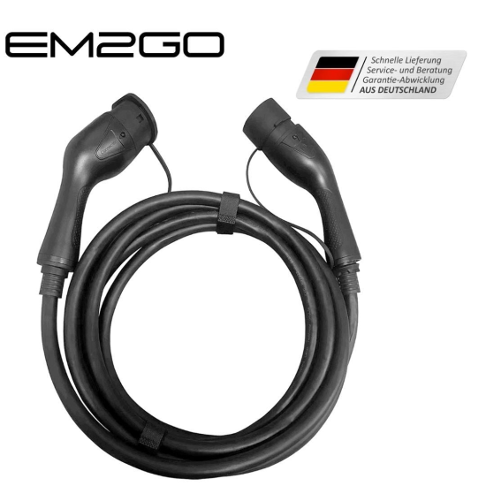 EM2GO  Typ 2 , EV-Verbindungskabel, 16A, 11kW, 5m 3Phasig AC Lader, T&Uuml;V , IP44, Tragetasche, Schw