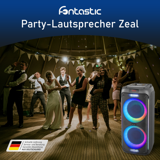 Fontastic Drahtloser Party-Lautsprecher Zeal 600W Mikrofon & LED Lichtshow, TWS, EQ, Kartenleser, sw