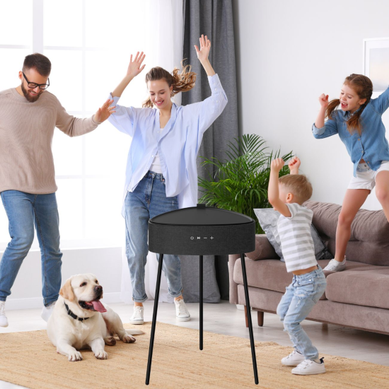 Drahtloser Lautsprecher Mesu Tisch Design TWS sw Raumf&uuml;llender Klang, Tischplatte induktives Laden