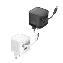 Fontastic 35W GaN Netzteil mit einziehbarem Kabel USB Typ-C + A Ports, Kabel Typ-C PD FC &ldquo;Zap" sw