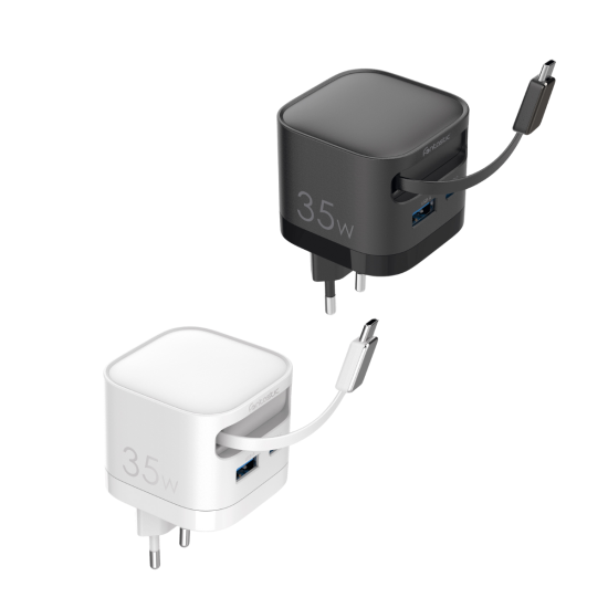 Fontastic 35W GaN Netzteil mit einziehbarem Kabel USB Typ-C + A Ports, Kabel Typ-C PD FC &ldquo;Zap" sw