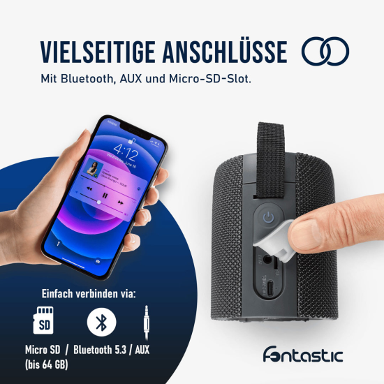 Fontastic 2-in-1 TWS Lautsprecher "Cora" 20Watt 360&deg; Raumklang, Split-Design, LED, AUX, IPX5, grau