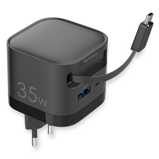 Fontastic 35W GaN Netzteil mit einziehbarem Kabel USB Typ-C + A Ports, Kabel Typ-C PD FC &ldquo;Zap" sw