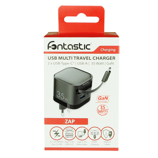 Fontastic 35W GaN Netzteil mit einziehbarem Kabel USB Typ-C + A Ports, Kabel Typ-C PD FC &ldquo;Zap" sw